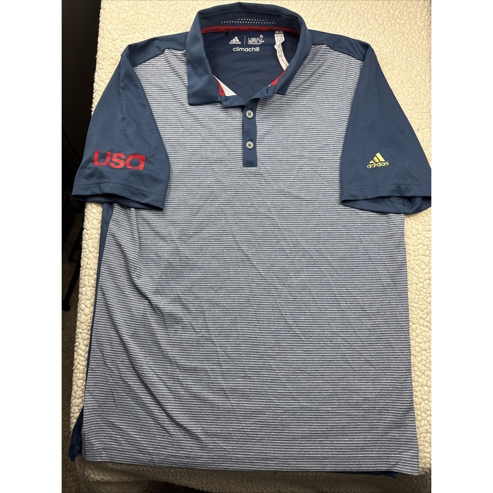 Adidas USA Golf Climachill Polo Shirt Mens‎ M Navy Blue Striped S\S Team USA EUC